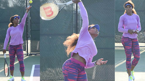 Serena Williams works up a sweat as she shows off her fabulous form in practice